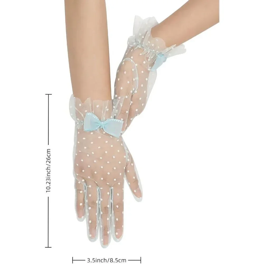 Women's Blue Short Polka Dot Lace Bow Mesh Party Wedding Bridal Gloves Prom